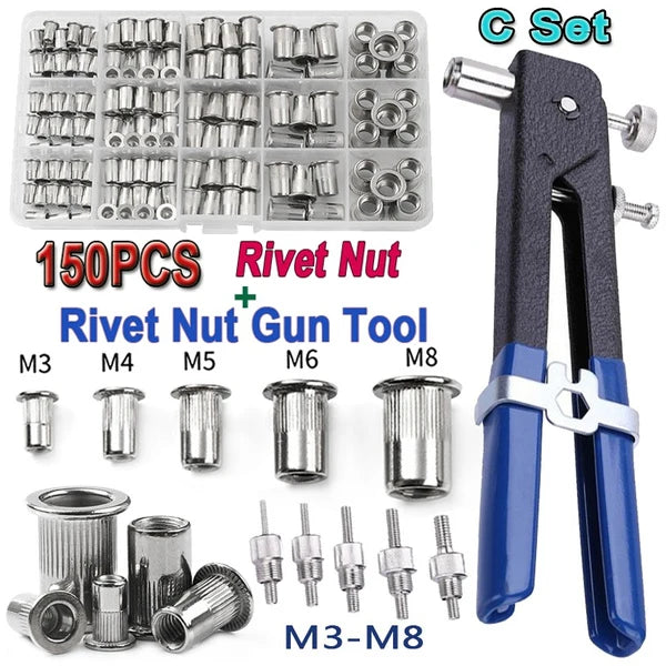 A set of rivet nuts, rivet gun tools, and various sizes of rivets for DIY repairs.