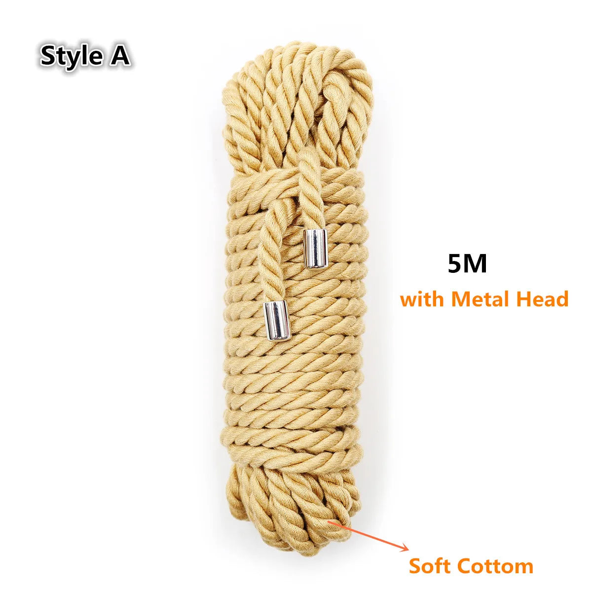 Style A rope made of soft cotton with a metal head, bundled for restraint or roleplay.