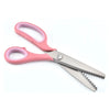 Pair of pink-handled stainless steel zigzag tailor scissors.