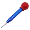 A spring-loaded center pin punch with a blue handle and red head for woodworking and repair.