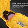 A portable kit for sharpening chainsaw teeth, showing a dark sharpening tool inside a yellow plastic case.