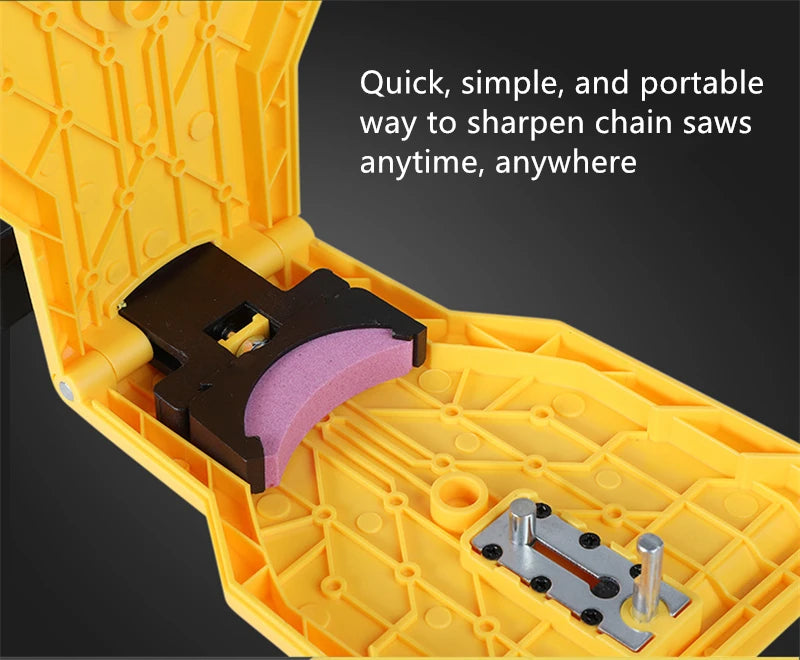 A portable kit for sharpening chainsaw teeth, showing a dark sharpening tool inside a yellow plastic case.