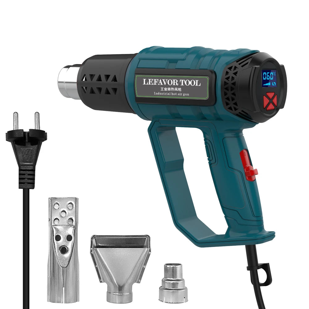 A teal hot air gun tool with an attachment and various metal tips is shown.