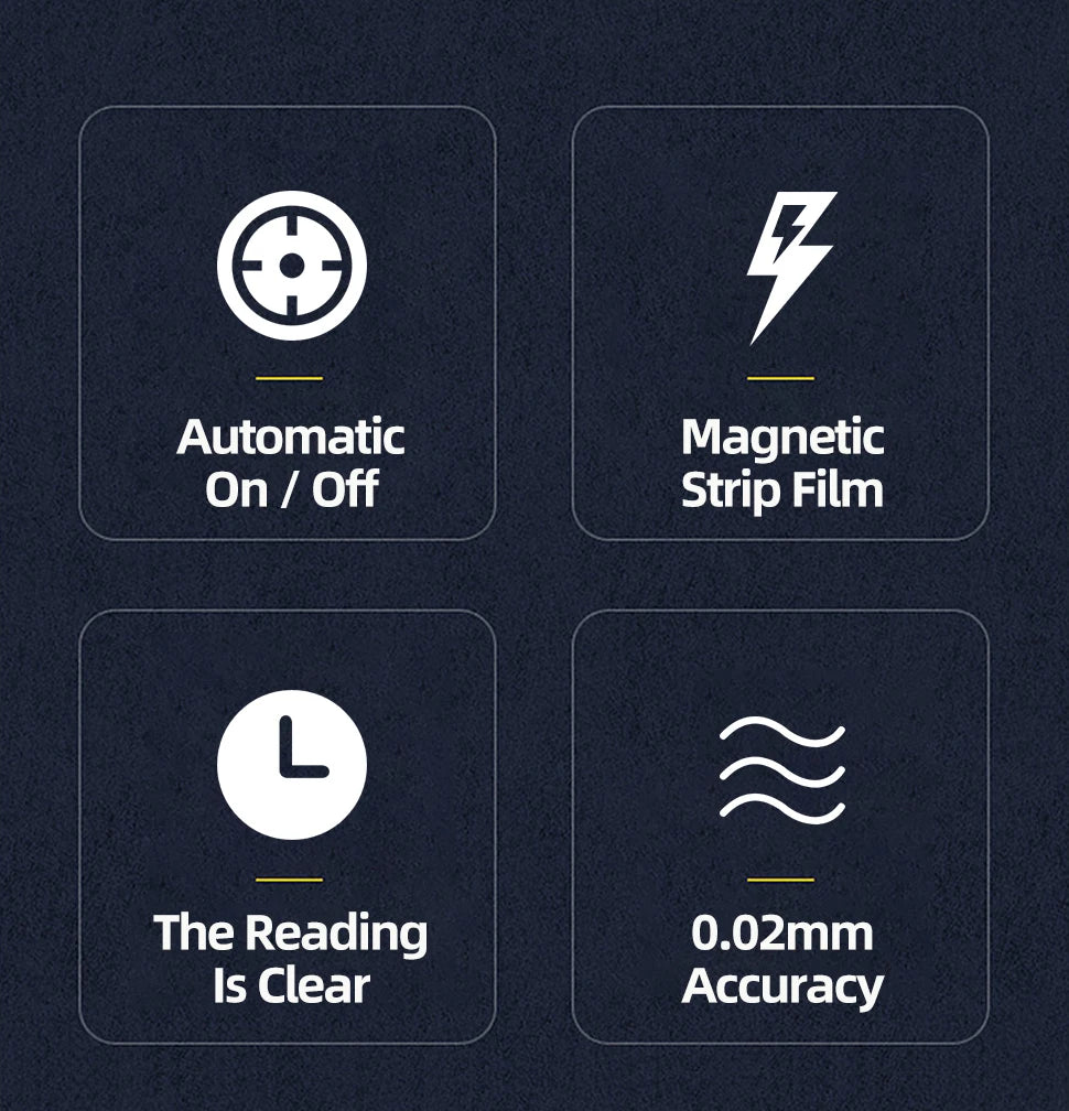 Características de un juego de calibradores digitales de precisión con encendido/apagado automático, película magnética y lec