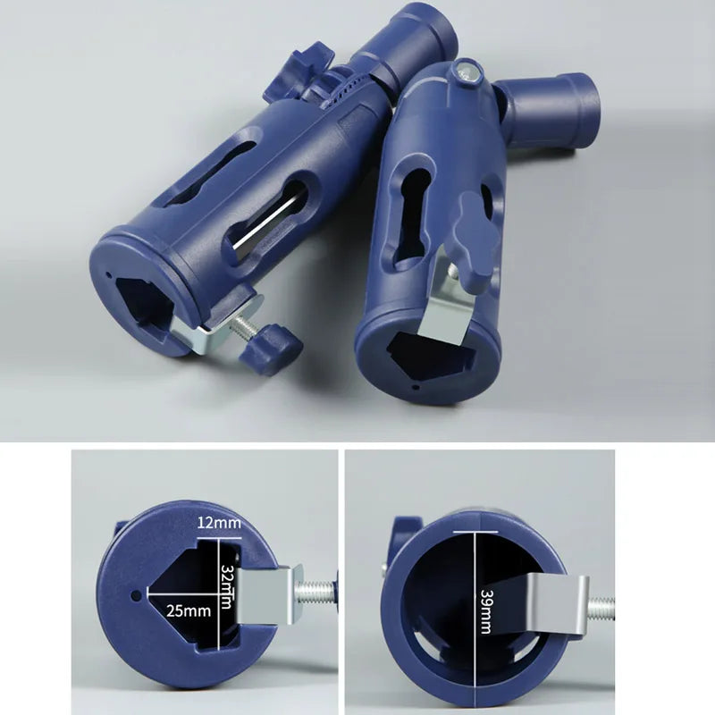 A blue multi-angle paint brush extension tool shown in various views and close-ups.