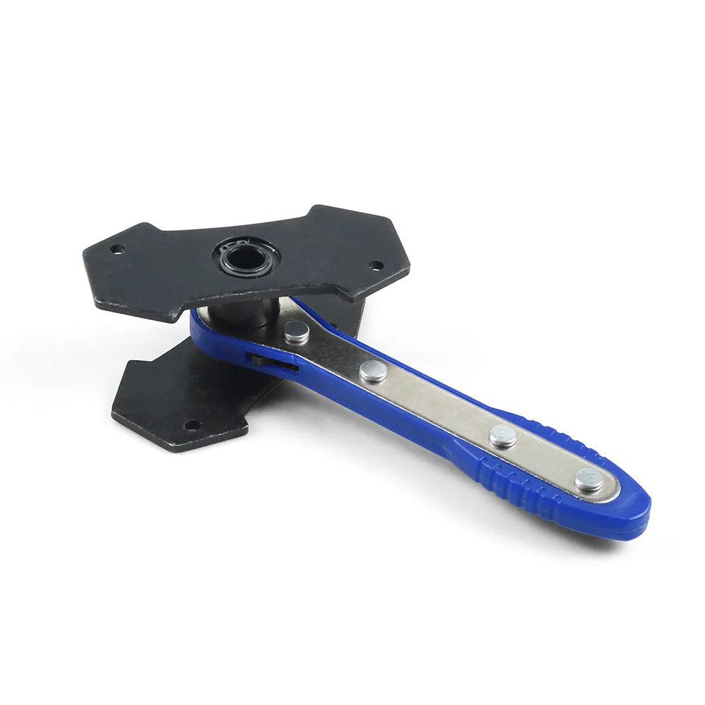 A precision car ratchet brake piston spreader tool with a black and blue handle and metal body.