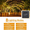 A string of warm white fairy lights creating an arched canopy over a wooden pathway in a garden setting.