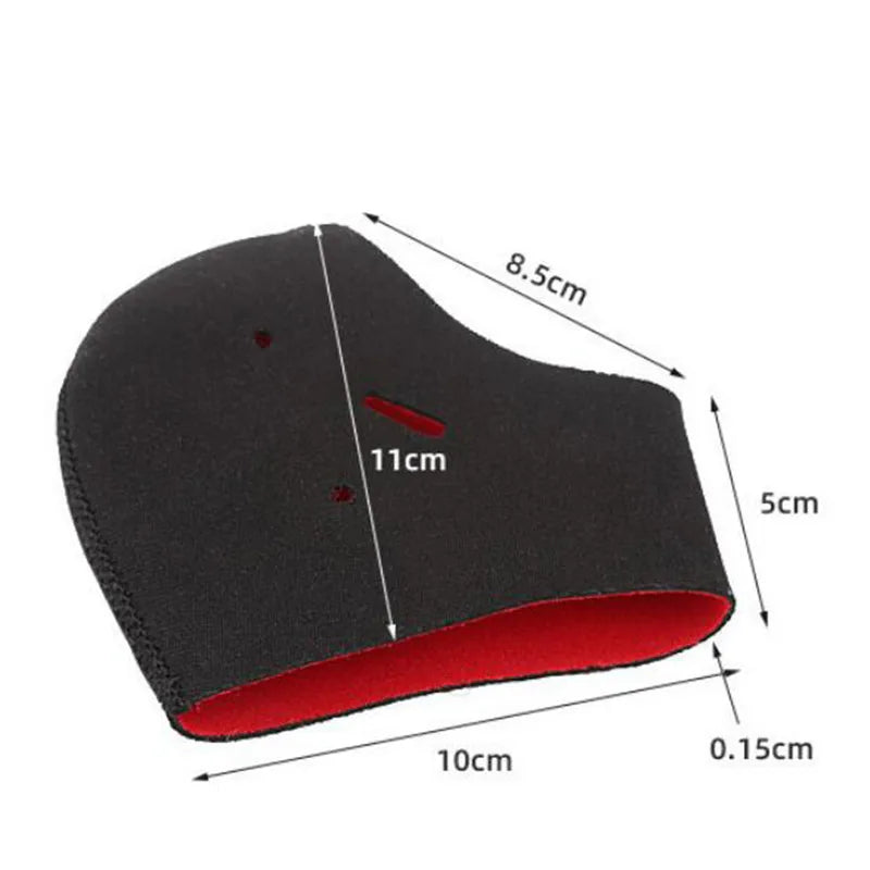 Calcetines de tacón negros para terapia mostrando dimensiones y forro rojo.