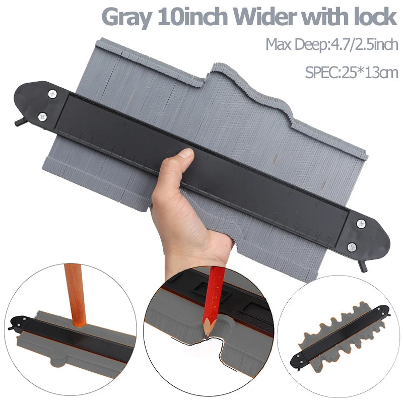 Gray 10 inch wider profile contour gauge with a lock shown against a wooden surface.