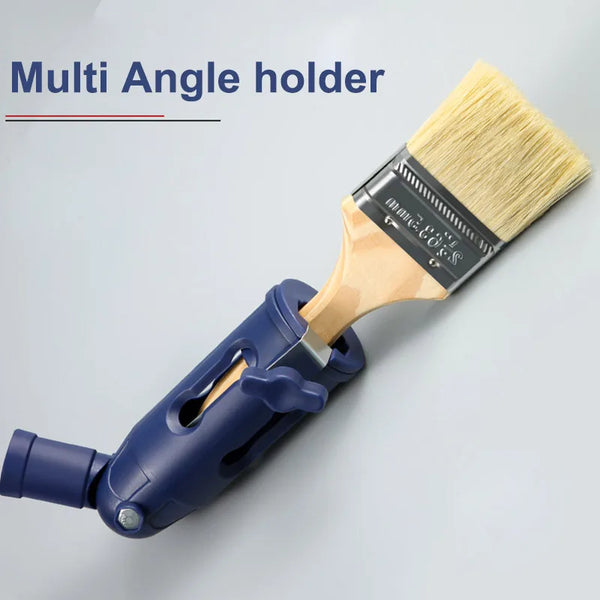 A blue multi angle holder tool with a wooden paint brush extension visible on a light gray background.