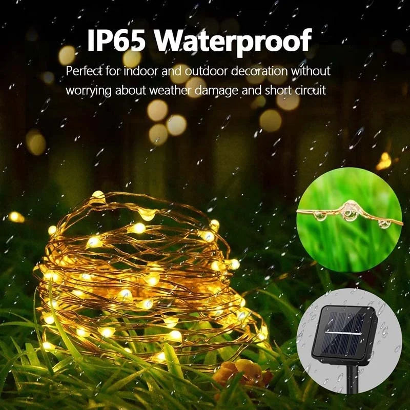 A bundle of warm yellow LED fairy string lights lying on green grass with a solar panel visible nearby.