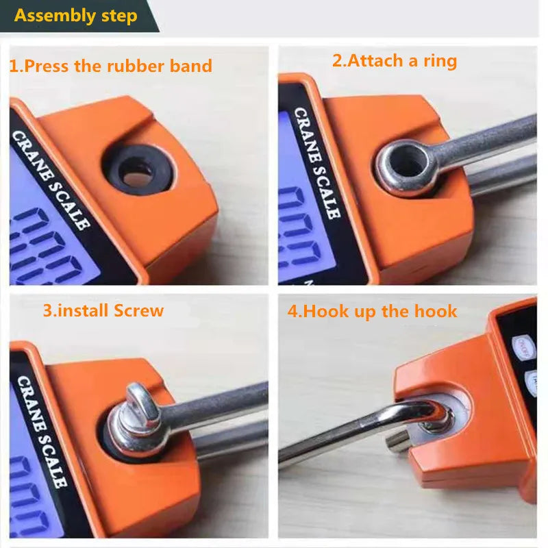 Four steps showing the assembly of a heavy duty digital hanging scale, including pressing a rubber band, attaching a ring, in