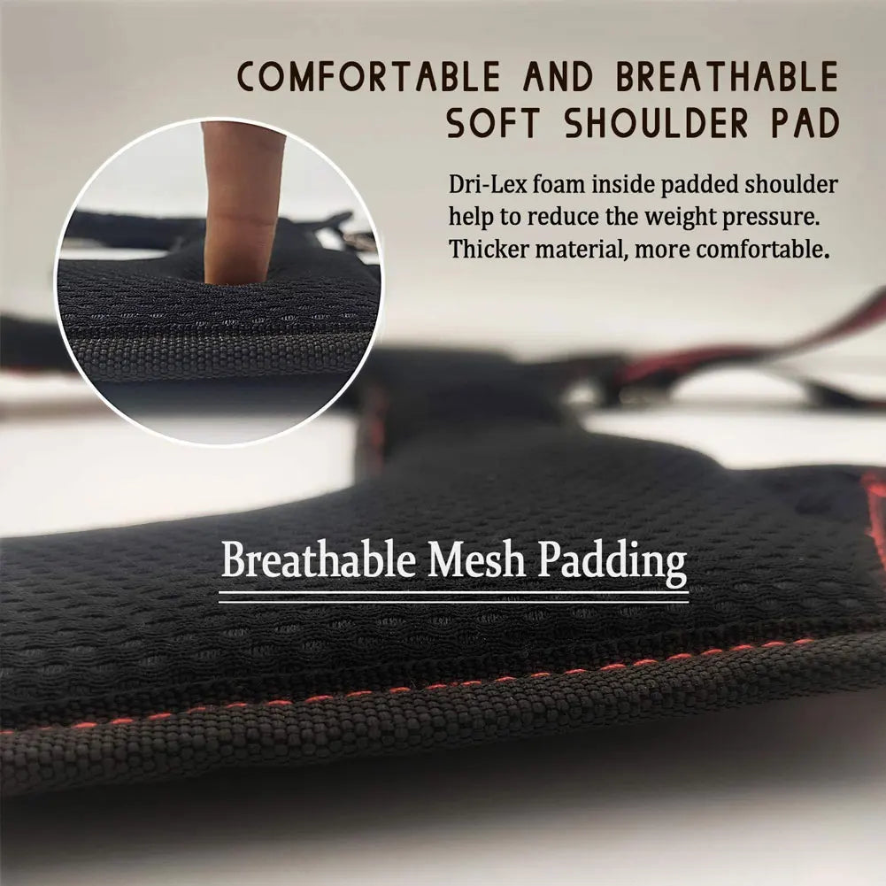 Close-up of a black breathable mesh shoulder pad for reducing weight pressure on a tool belt.