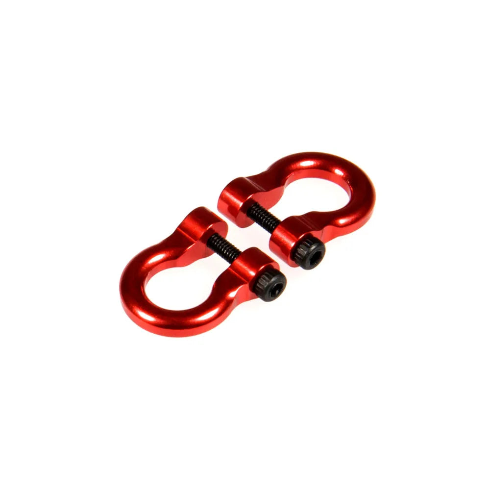Ein Paar rote Metalllegierung-Anhängerhaken für RC-Crawler-Autos.