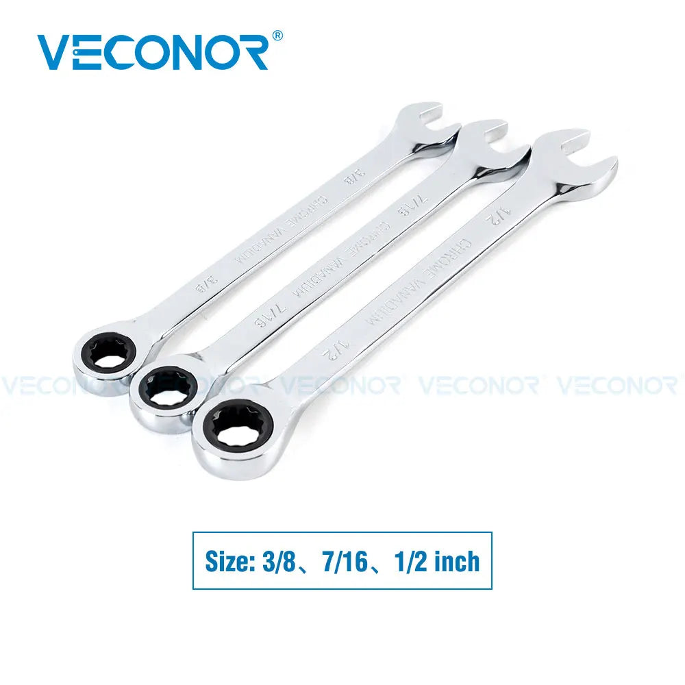 A set of precision ratchet wrenches in sizes 3/8, 7/16, and 1/2 inch.