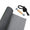 A window and door insect screen kit showing a rolled gray fabric and a wooden handle with a black cord.