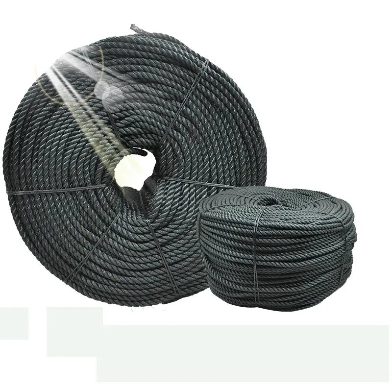 Spool of black heavy duty nylon knitting rope with a white stripe, coiled for outdoor and marine use.