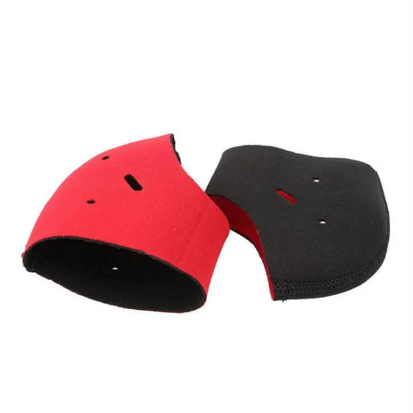 A pair of black and red therapy heel socks for plantar fasciitis relief.