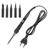 A black adjustable digital soldering iron with a coiled wire and various tips.