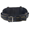Black adjustable tool belt suspenders with a pouch bag and yellow stitching