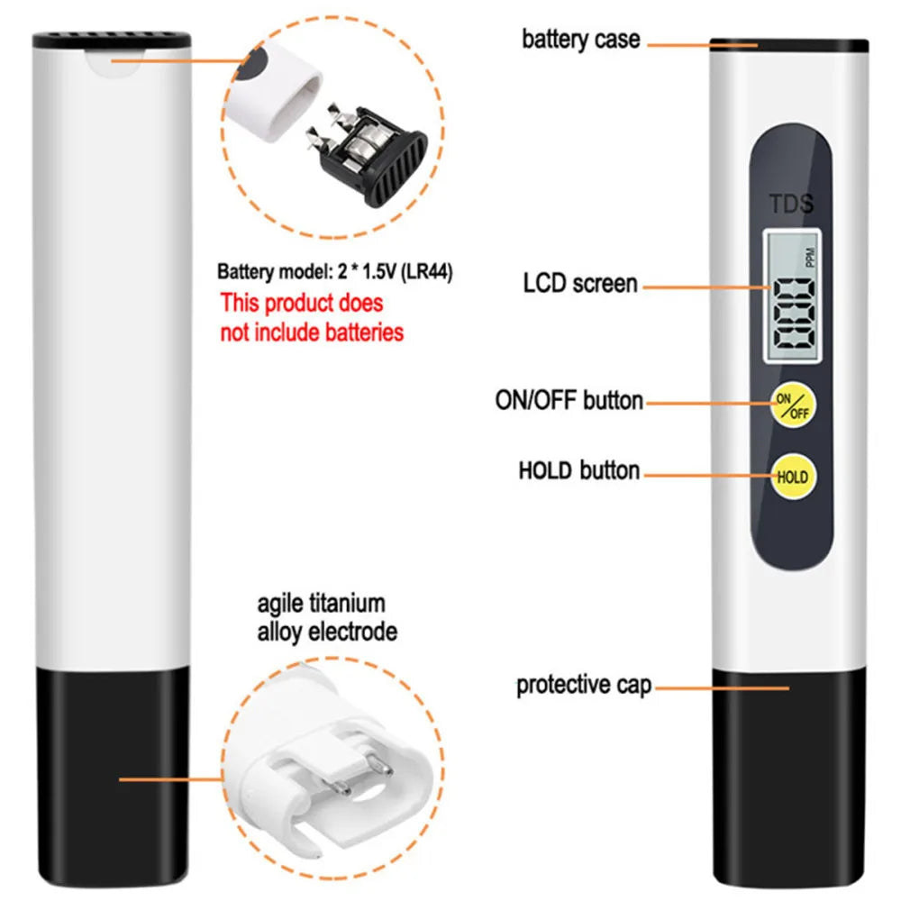 A digital water quality tester device shown with its battery, electrode, and protective cap components.