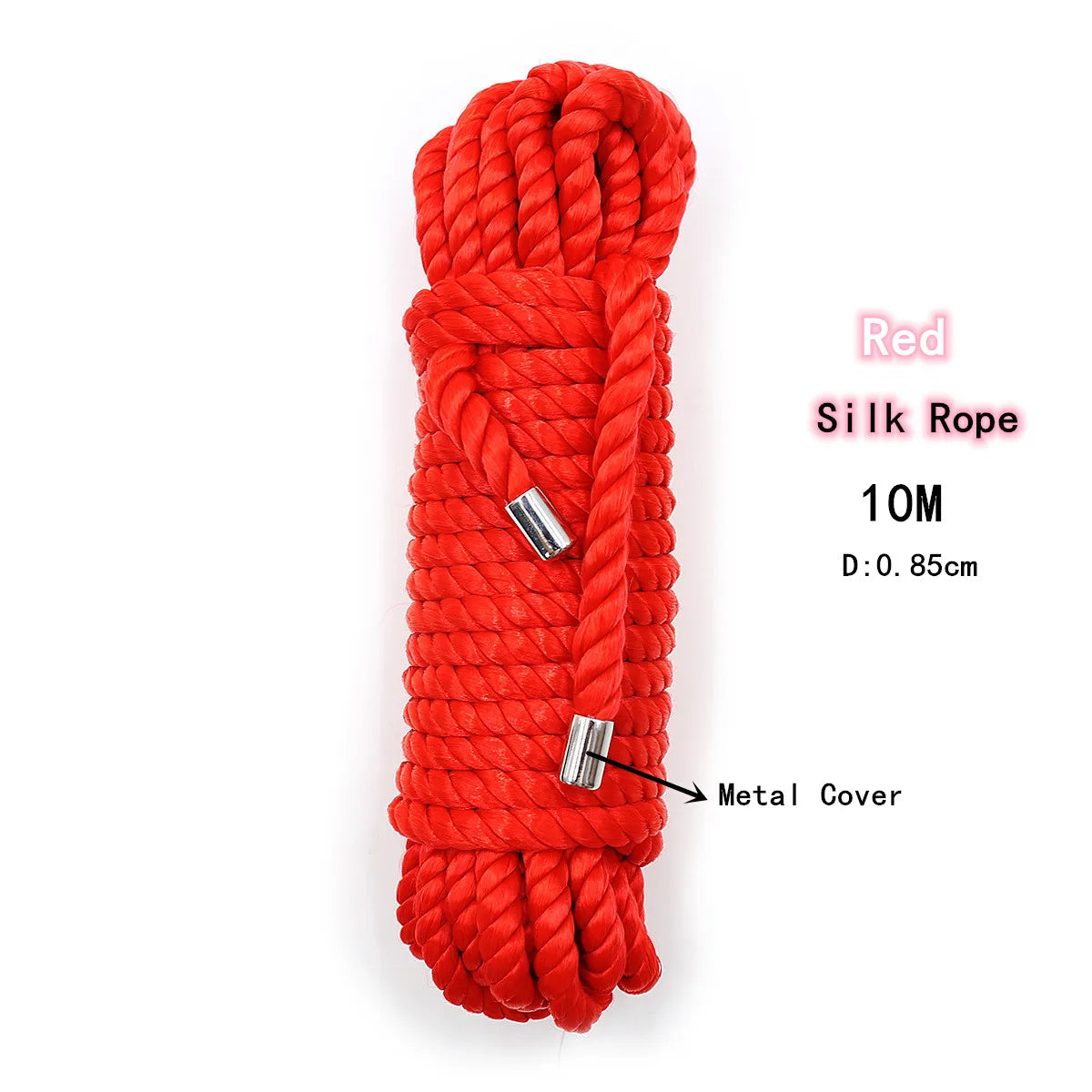 A bundle of red silk rope with a metal cover, measuring 10 meters long.