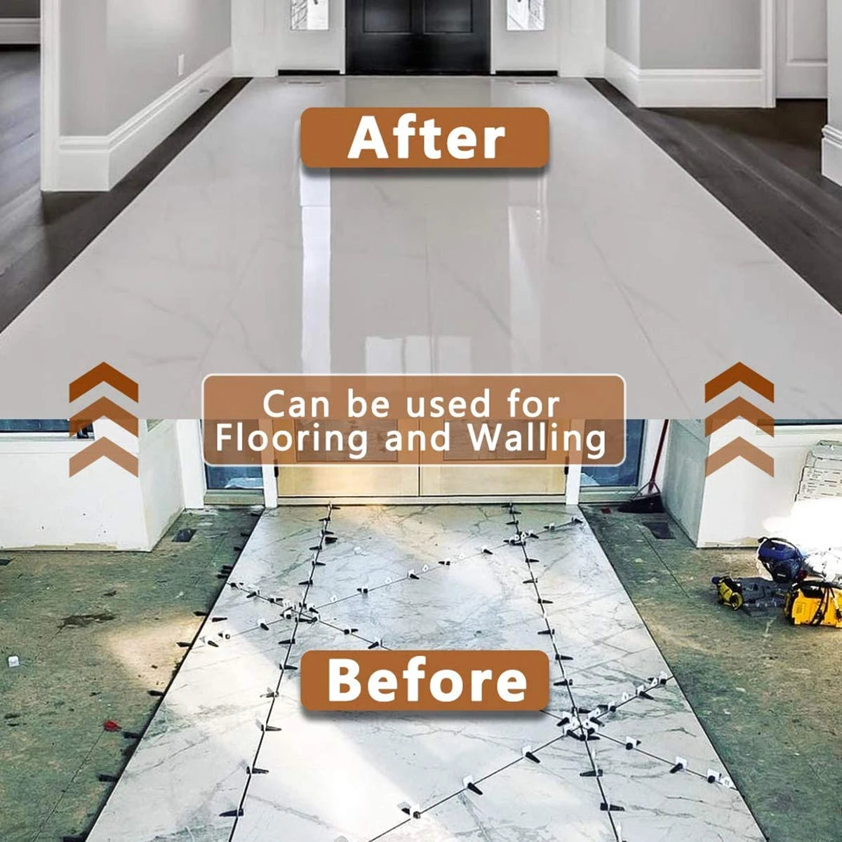 Before and after comparison of precision tile leveling spacers used for flooring and walling projects