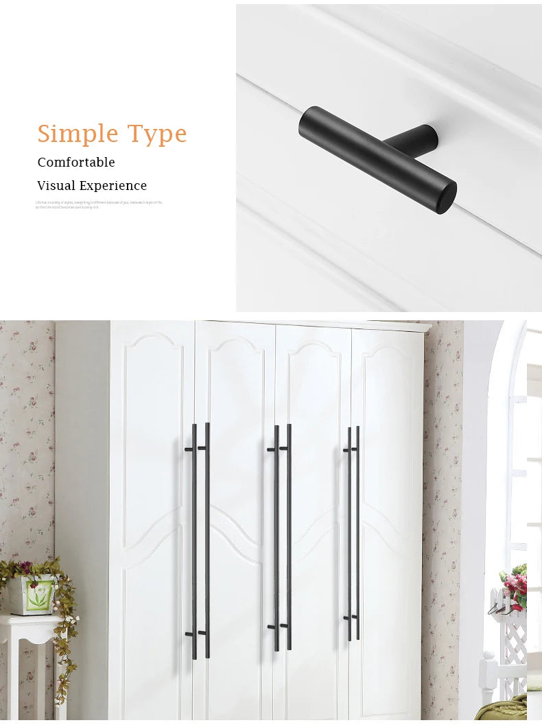 A close-up of a black cylindrical door pull handle mounted on a white cabinet, demonstrating a simple and comfortable visual 