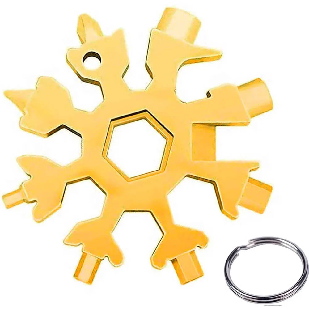 A set of 18 stainless steel multi-tools shaped like leaves, featuring a hexagonal design and a metal ring.