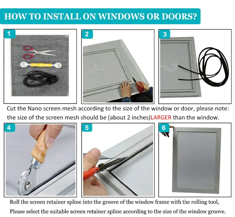 Instructions for installing a nano screen mesh on windows or doors using a rolling tool and spline.