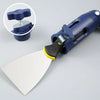 A blue paint brush extension tool with a flat blade and a clamp mechanism is shown against a light gray background.