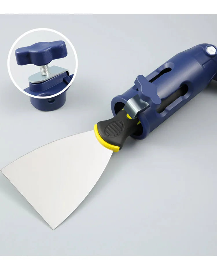 A blue paint brush extension tool with a flat blade and a clamp mechanism is shown against a light gray background.