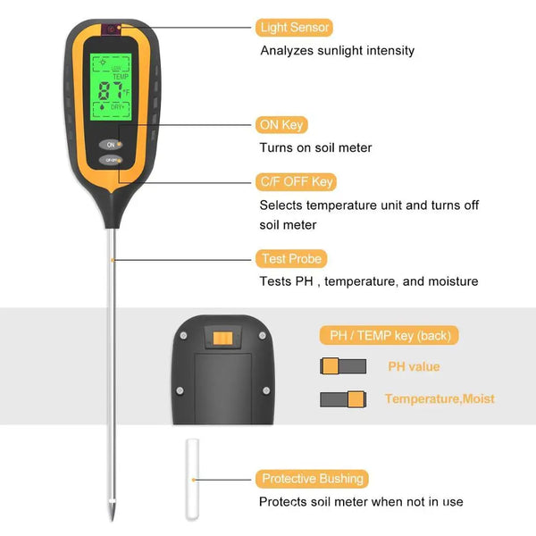 Digitaler Boden-Test-Messgerät mit Lichtsensor, ON-Taste, Testsonde und Schutzbuchse.