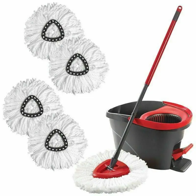 A set of white microfiber mop heads and a red handle for a 2-in-1 floor mop refill.