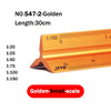 Golden small-scale triangular ruler with markings and a 1:150 scale reference.