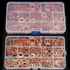 A clear plastic container holds numerous copper sealing washers and sump plugs.
