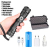 A hand holds a black tactical rechargeable LED flashlight and various charging accessories including USB cables and batteries