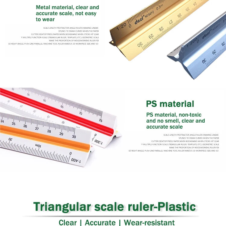 A clear plastic triangular scale ruler used for drafting and measuring