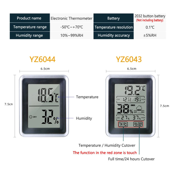 A digital thermometer and hygrometer showing temperature, humidity, and a touch-sensitive cutover function.