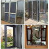 Various views of modern glass windows and doors with insect screens, showing different frames and finishes.