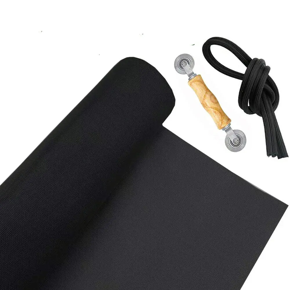 Black window and door insect screen kit with a wooden handle and cord
