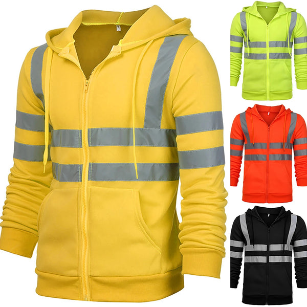 A yellow men's reflective winter zipper hoodie with grey reflective stripes and a black zipper.