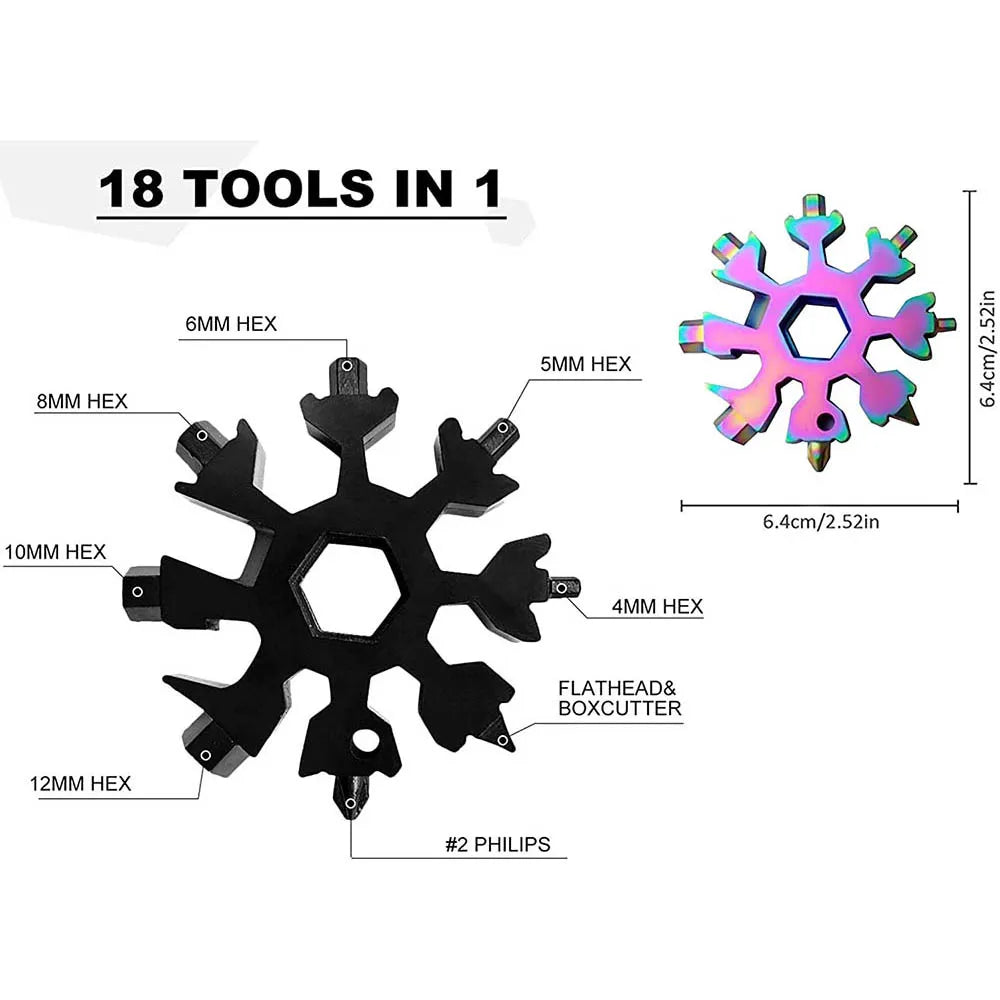 A set of 18 tools in one stainless steel multi-tool featuring various hex and Phillips bits.