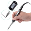 A hand holds an adjustable digital soldering iron with a tip and temperature display visible.