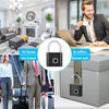 A fingerprint keyless door lock shown in various contexts including home, office, and travel settings.