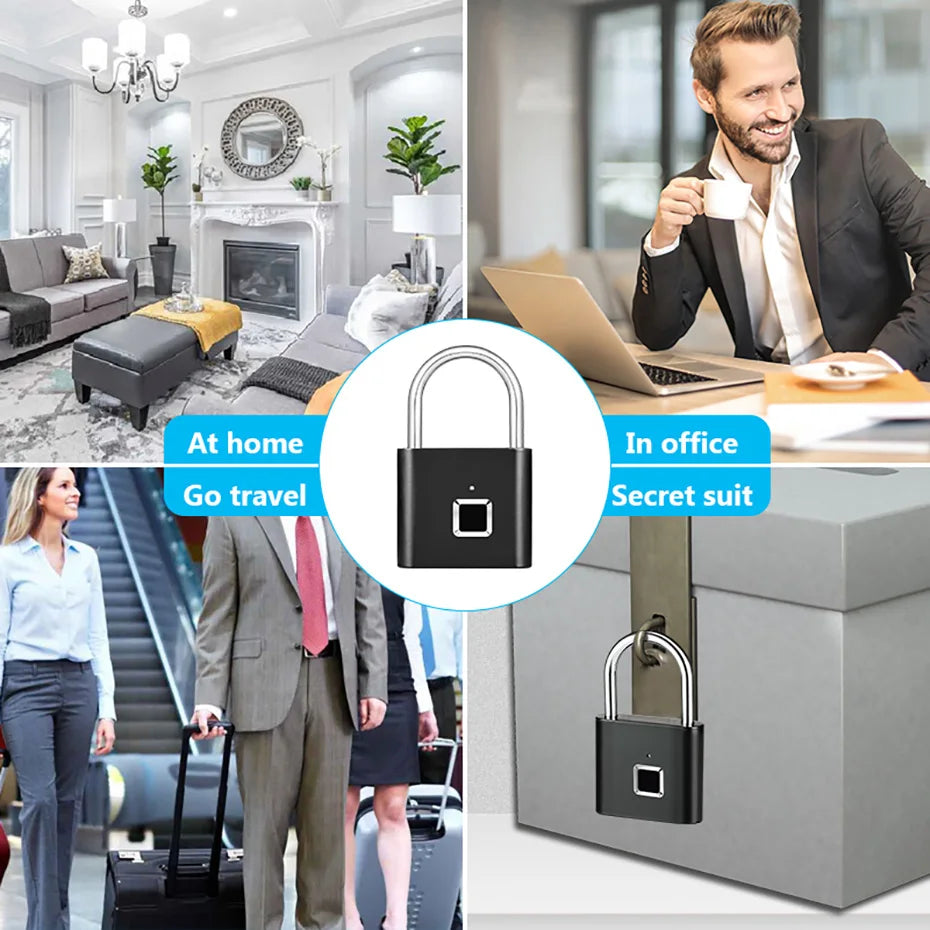 A fingerprint keyless door lock shown in various contexts including home, office, and travel settings.