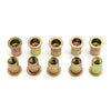 A set of precision rivet nuts ranging from M3 to M12, zinc plated and brass colored.