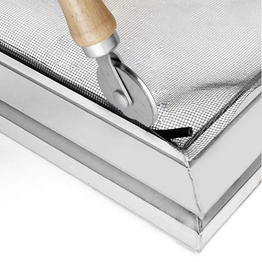 A close-up view of a window and door insect screen kit with a silver handle and mesh fabric.