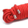 A thick red braided rope with silver metal ends coiled and laid out.