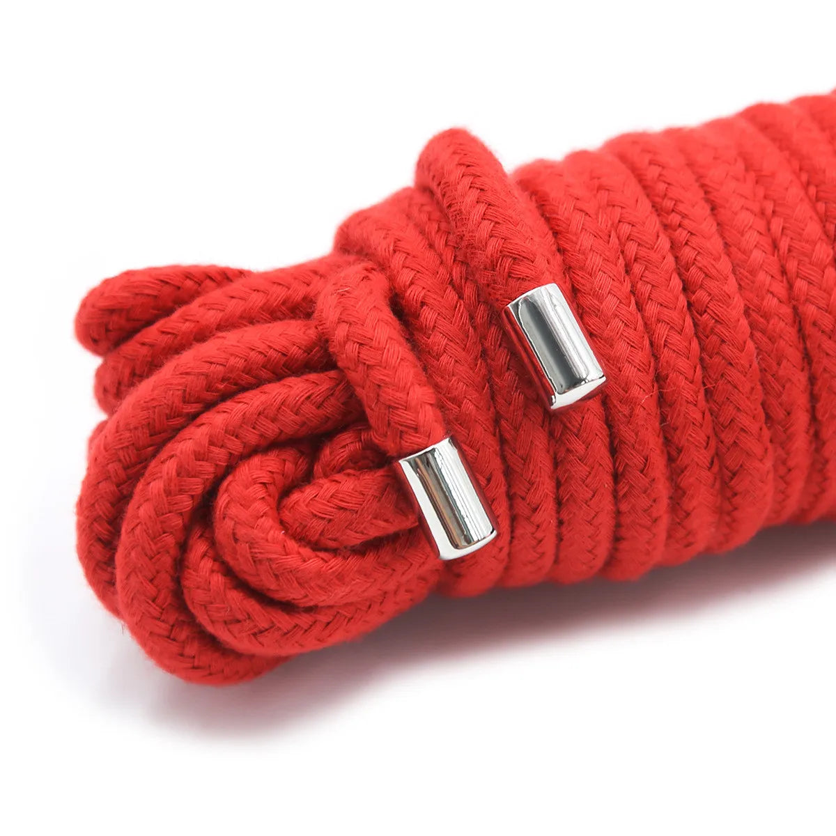 A thick red braided rope with silver metal ends coiled and laid out.
